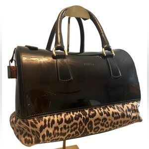 Furla Candy Bag Black Glossy Leopard Leather Bottom